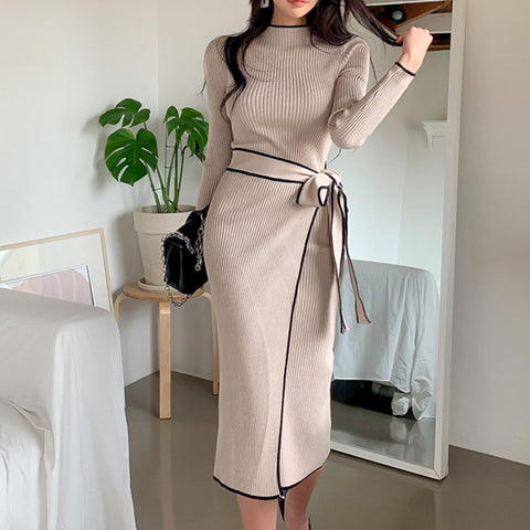 Long sleeve striped belted bodycon sweater dresses