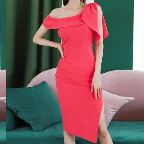 Sexy rose red bowknot irregular split bodycon dresses