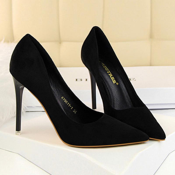 Suede low fronted high heels