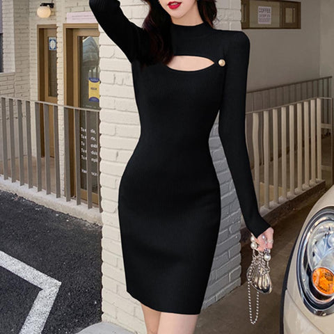 Brief solid long sleeve knitting dresses