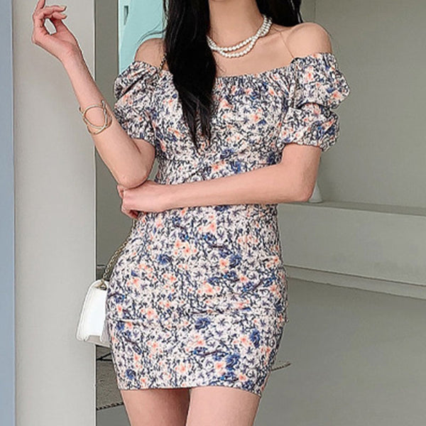 Floral off-the-shoulder puff sleeve bodycon dresses