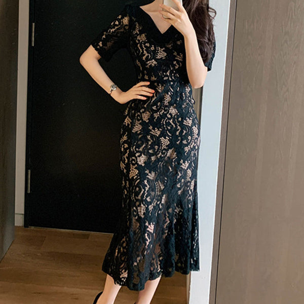 Elegant short sleeve lace peplum dress