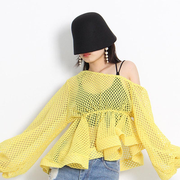 Chic solid mesh see through lantern sleeve ruffle tops