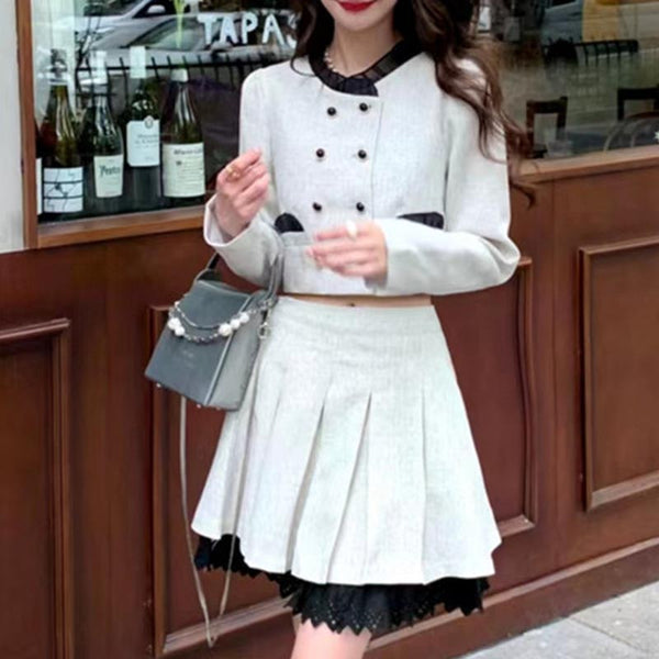 Elegant double breasted long sleeve coats and pleated skirts suits