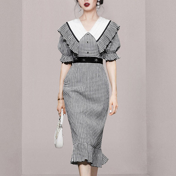 Women high waist plaid bodycon dress