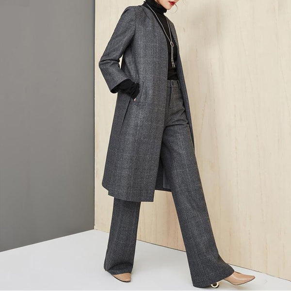 Elegant plaid split woolen coats and high waist wide leg pants suits