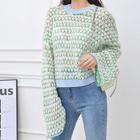 Casual patch flare sleeve knitting tops