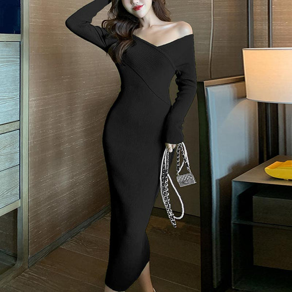 Elegant v-neck long sleeve knit bodycon dresses