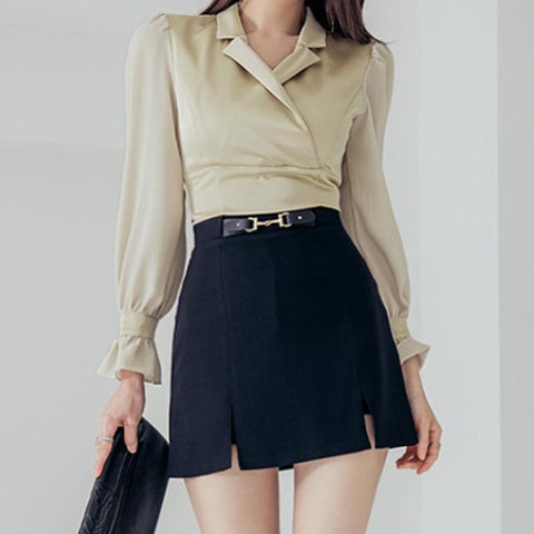 Solid satin long sleeve blouses and high waist mini skirts suits
