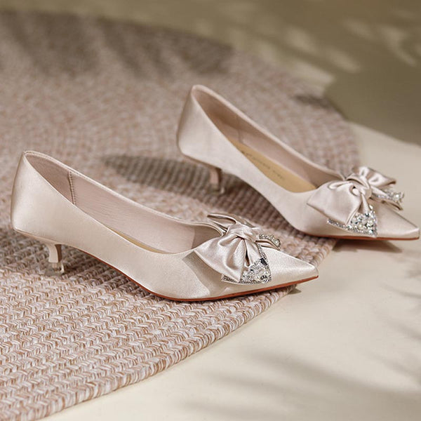 Satin bow knot rhinestones pointed toe thin heeled wedding shoes