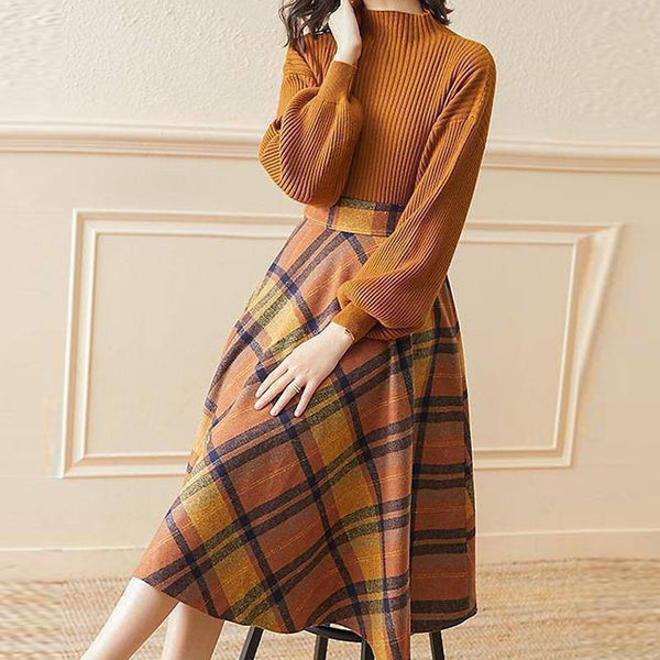 Solid mock neck lantern sleeve sweaters and plaid a-line skirts suits