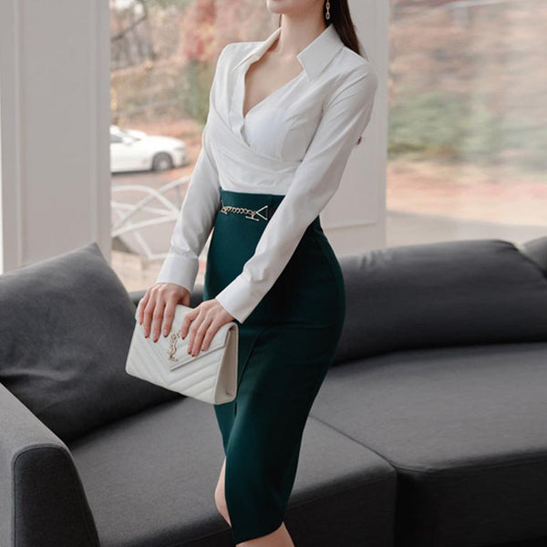 V-neck high waisted split skirt suits