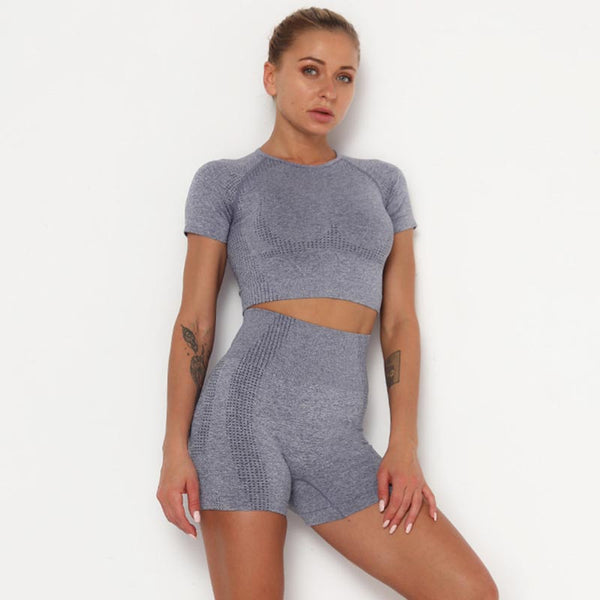 Short sleeve solid high waisted tight tracksuit