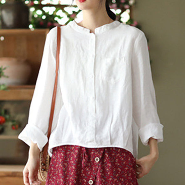 Retro linen mock neck long sleeve blouses