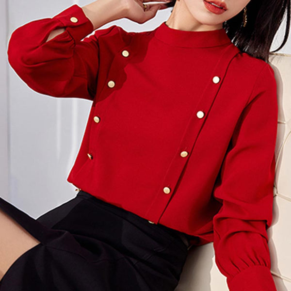 Chic solid mock neck long sleeve blouses