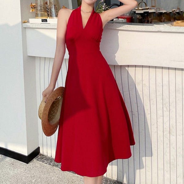 Sexy halter sleeveless a line midi cocktail dresses