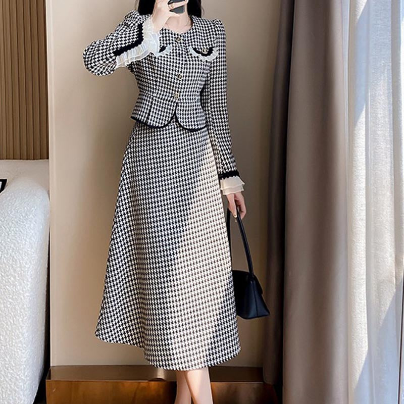 Stylish plaid patch long sleeve short coats and high waist a-line skirt suits