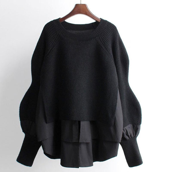 Patchwork long sleeve crew neck fake two-piece sweaters