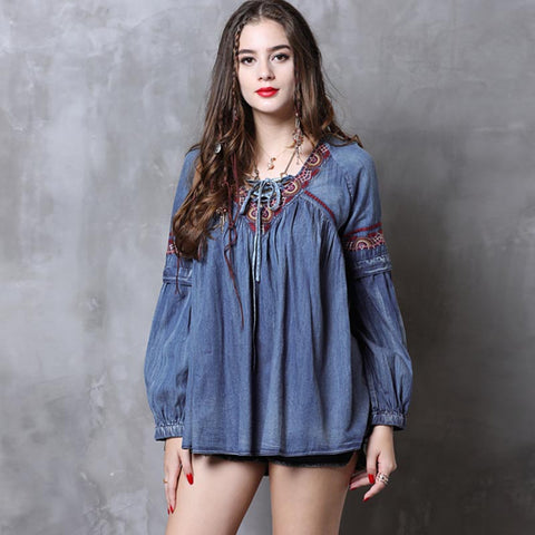 Denim embroidered pullover blouses