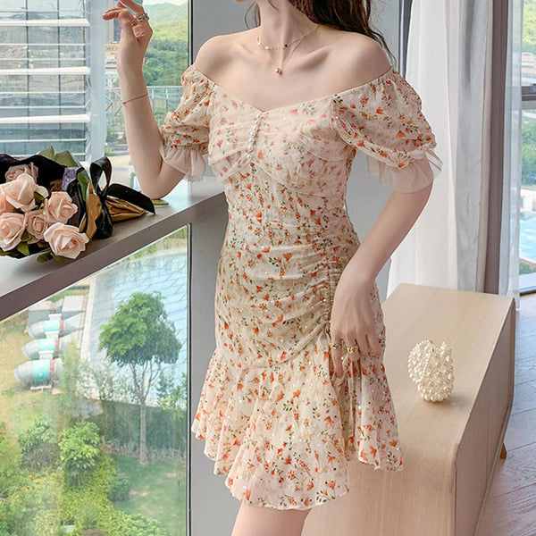 Sweet off-the-shoulder floral drawstring dresses