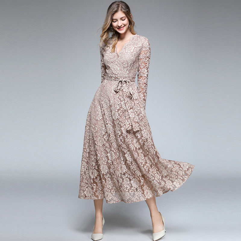 V-neck lace maxi dresses with long sleeve