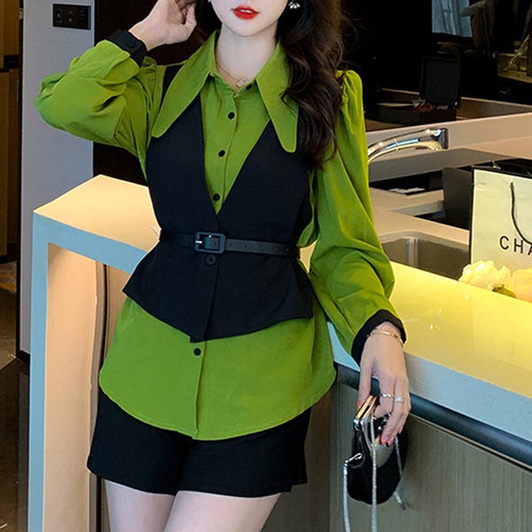 Stylish patch  lapel long sleeve blouses with belts and short pants suits