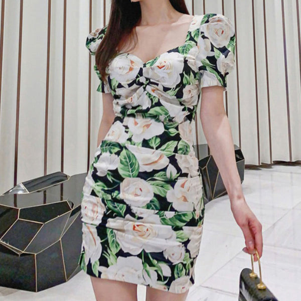 Summer short sleeve floral print bodycon dresses
