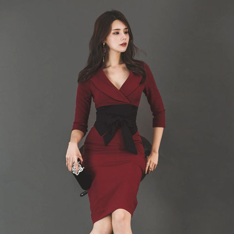 Wine red bowknot slit bodycon dresses