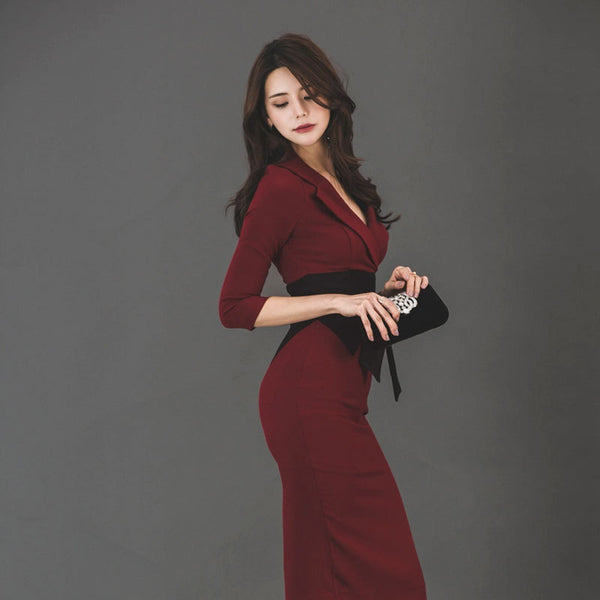Wine red bowknot slit bodycon dresses