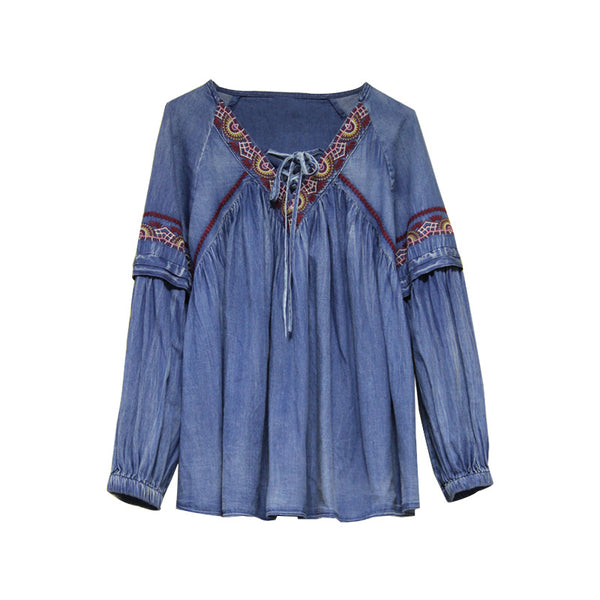 Denim embroidered pullover blouses