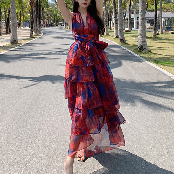 Boho floral print belted layered beach maxi dresses