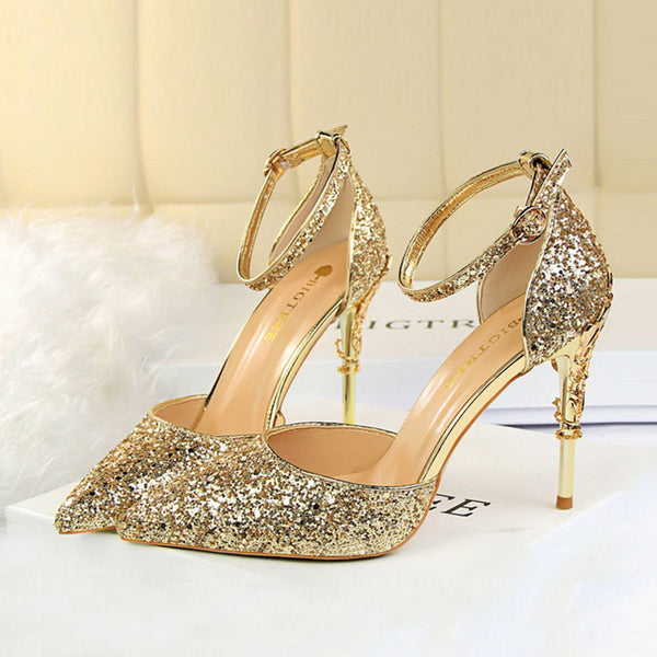 Ankle-strap fastening sequin high heels