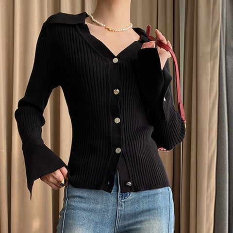 Solid polo long sleeve knitting tops