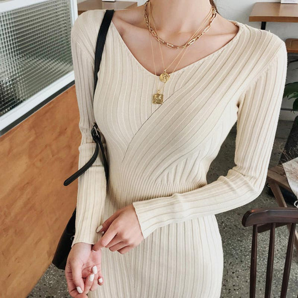 V neck gathered waist solid knitted bodycon dresses