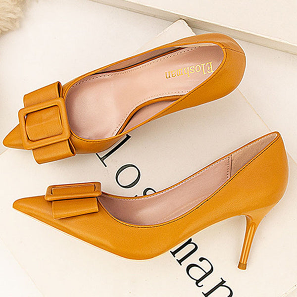 Elegant square buckle embellished pointed toe heels