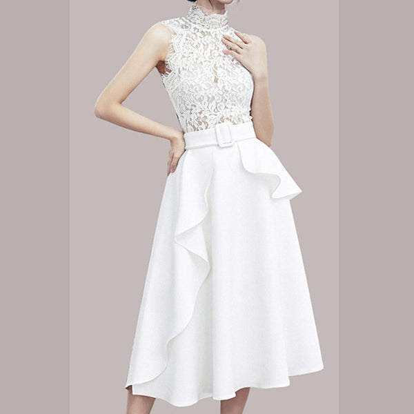 Turtleneck sleeveless lace patchwork ruffle maxi dresses