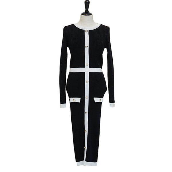 Crew neck patchwork single-breasted knee length black knitted dresses