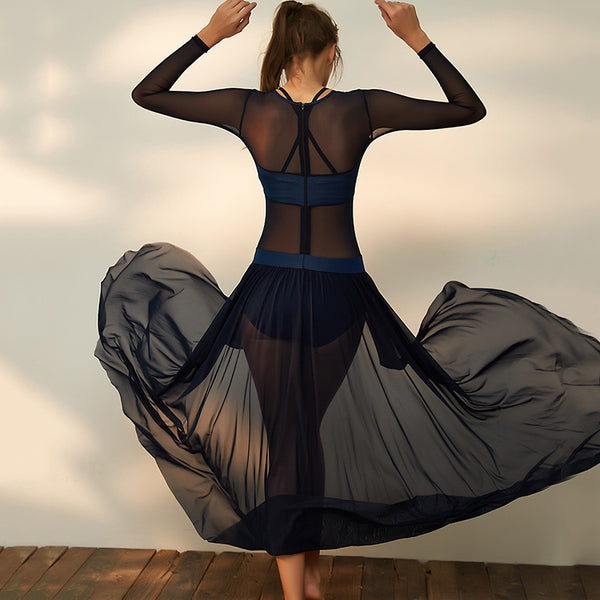 Mesh patchwork long sleeve transparent dancing dresses