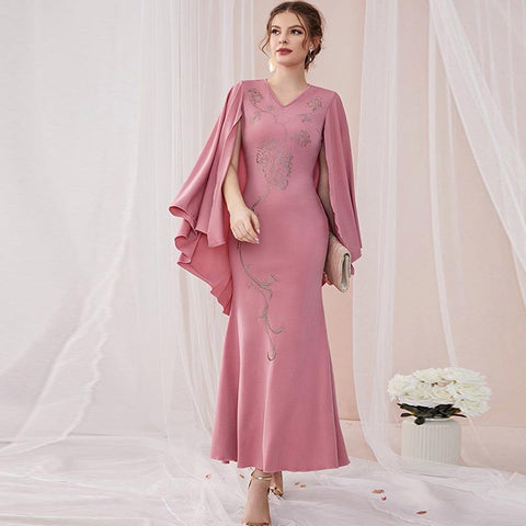 Elegant embroidery v-neck bat sleeve maxi dresses