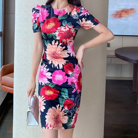 Crew neck puff sleeve print sexy sheath dresses