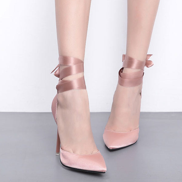 Satin ankle lacing pointed toe bridal shoes