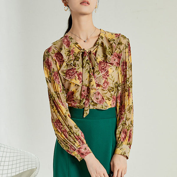 Print chiffon pullover long sleeve blouses