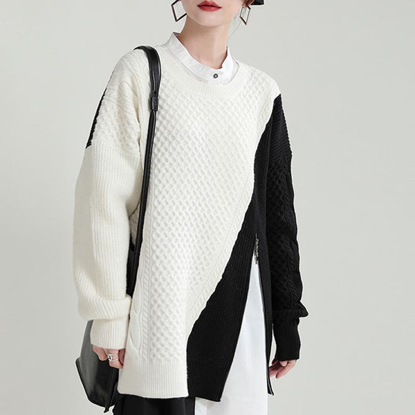 Chic color contrast crew neck long sleeve sweaters