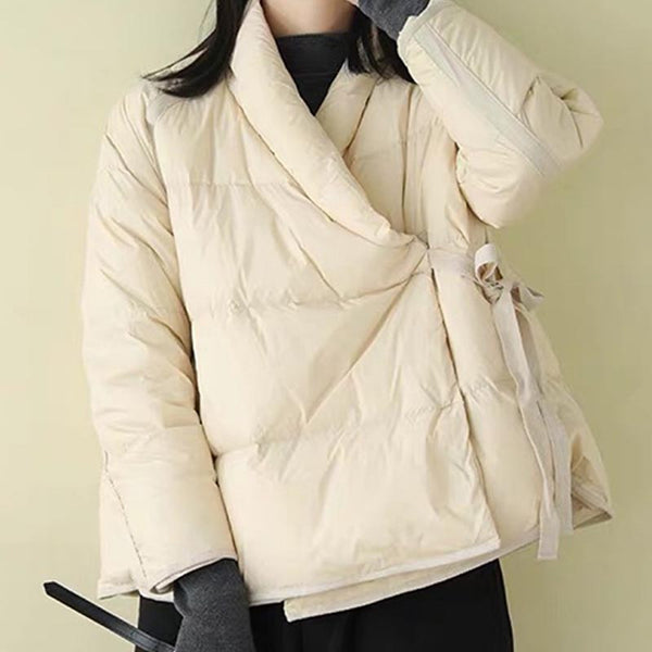 Casual solid  slanted placket belted down coats