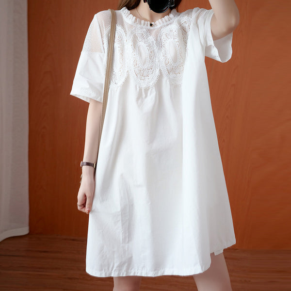 Boxy lace embroidered short sleeve short dresses