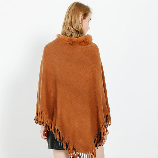 Tassel faux fur collar ponchos