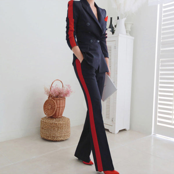 Stylish color block lapel blazers and stright pants suits