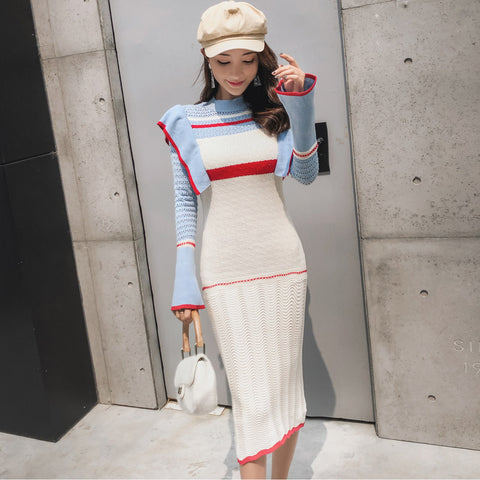 Flare sleeve color block sweater dresses