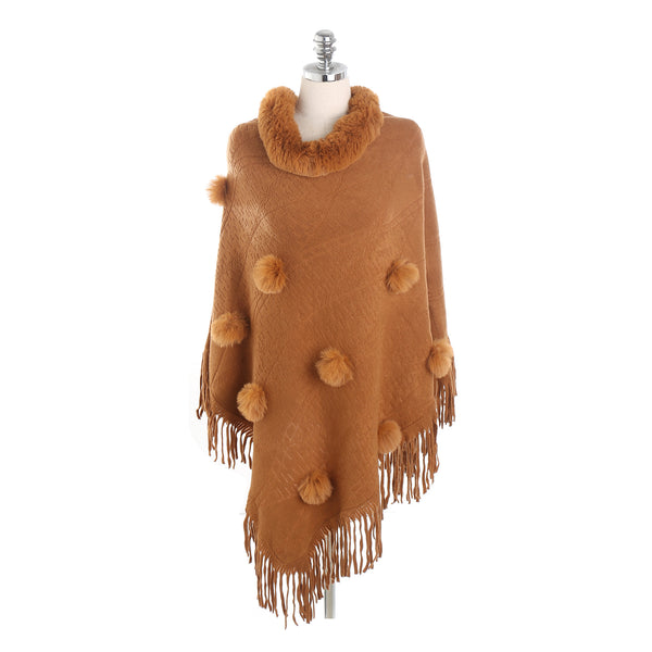 Tassel faux fur collar ponchos