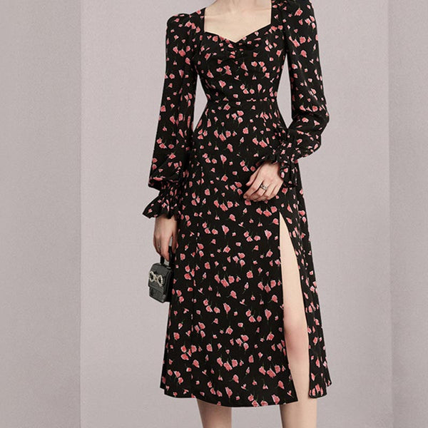 Elegant floral v-neck long sleeve split dresses